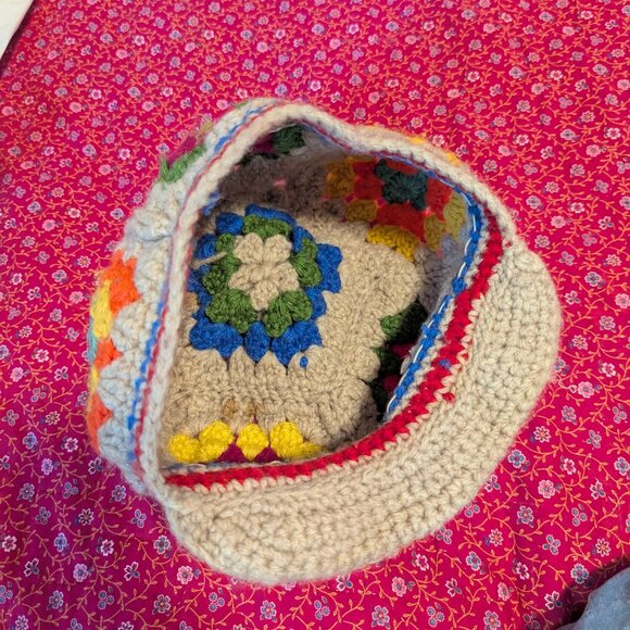 Vintage Patchwork Granny Square Crochet Newsboy Knit Hat Festival Boho Rainbow - Picture 5 of 5